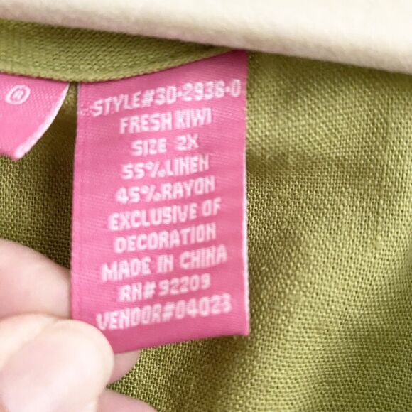 Woman Within Linen Blend Green Tunic Top Blouse Size 2X Crocheted Hem Pullover - Picture 6 of 10